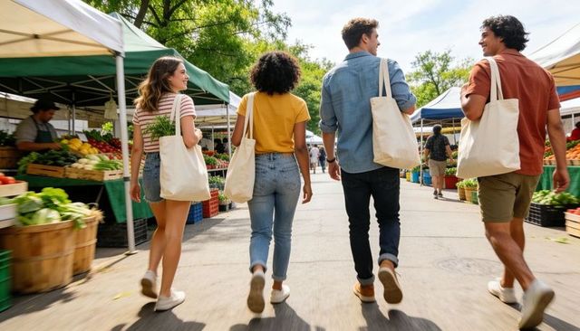 Diverse friends walking through farmers market carrying canvas totes with fresh produce