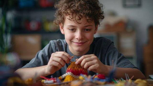 Preteen boy crocheting colorful yarn at home craft table, cozy hobby learning moment