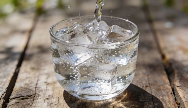 Pouring carbonated water into glass with ice on rustic sunlit wooden table