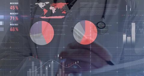 Doctor analyzing healthcare analytics dashboards on tablet with stethoscope overlay