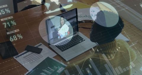 African American Businesswoman Video Calling Amidst Data Analytics
