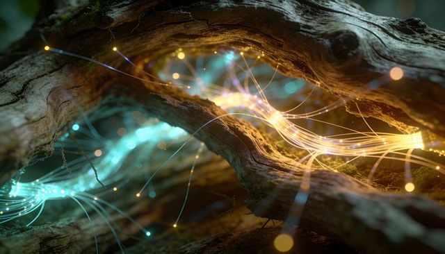 Bioluminescent filaments threading through hollow log with turquoise and golden glow
