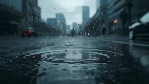 Cinematic rain falling and creating ripples on urban street puddle reflecting headlights