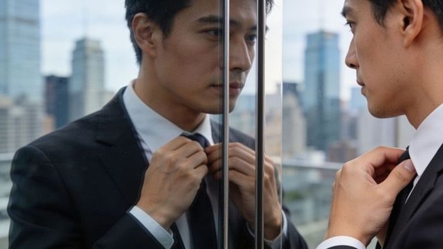 Adjusting necktie on rooftop balcony reflecting urban skyline, asian executive preparing