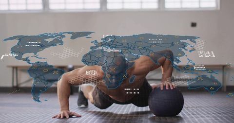 Athlete Performing Single-Arm Push-Up with Digital Overlay in Gym