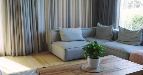 Modern Living Room with Grey Sofa and Wooden Coffee Table