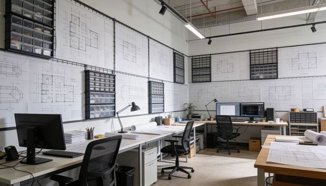 Architectural studio displaying drafting desks with cad monitors and large wall blueprints