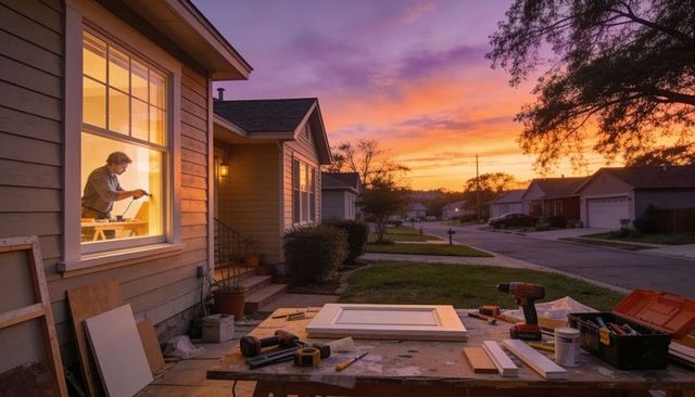Handyman drilling at window during sunset suburban renovation with tools on workbench