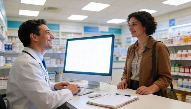 Pharmacist consulting customer at pharmacy counter while typing on computer