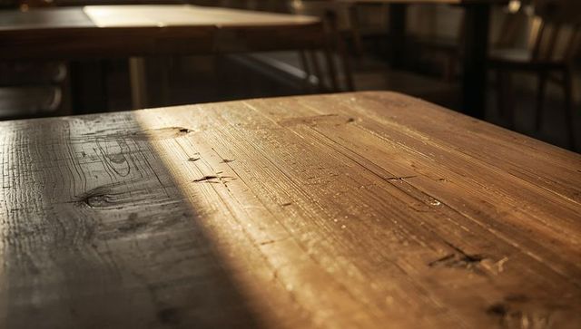 Sunlit rustic wooden tabletop showing grain and knots in cozy cafe interior