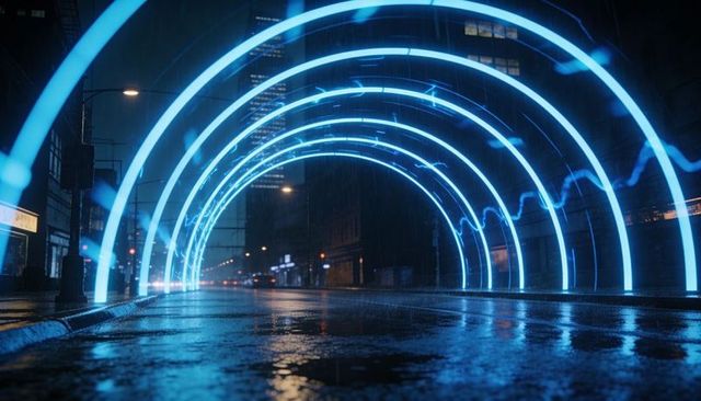 Cyan neon arch tunnel over rain-slick urban street reflecting futuristic light