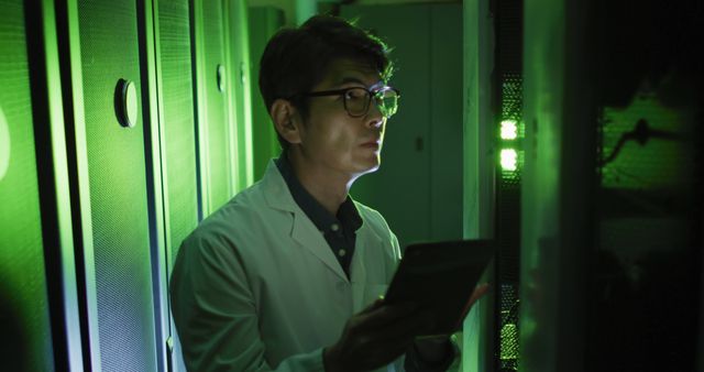Asian male it technician in lab coat using tablet checking computer server. information technology, data processing and computer servers.