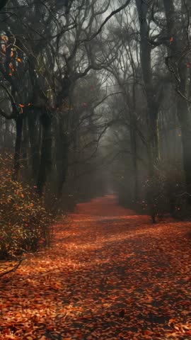 Gliding through misty autumn forest path with drifting embers and twisted trunks
