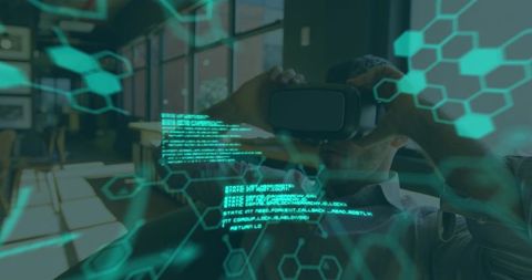 Business Professional Using VR Headset for Scientific Data Visualization