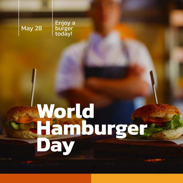 World Hamburger Day Promotional Poster with Chef and Fresh Burgers - Download Free Stock Templates Pikwizard.com