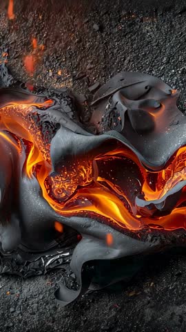 Vertical molten lava cooling and crust forming with glowing embers and textured flow