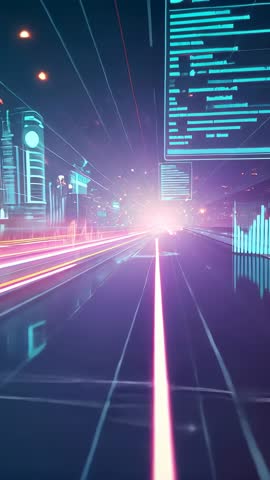 Neon Data Highway Surging Through Futuristic Cyber Grid With Floating Data Panels