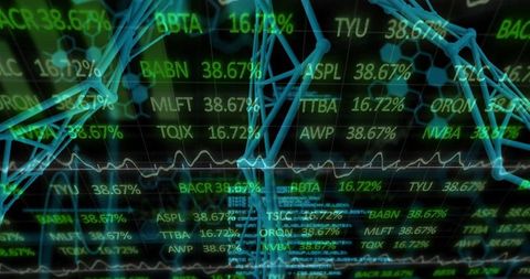 Translucent cyan 3d network weaving through neon green financial ticker grid
