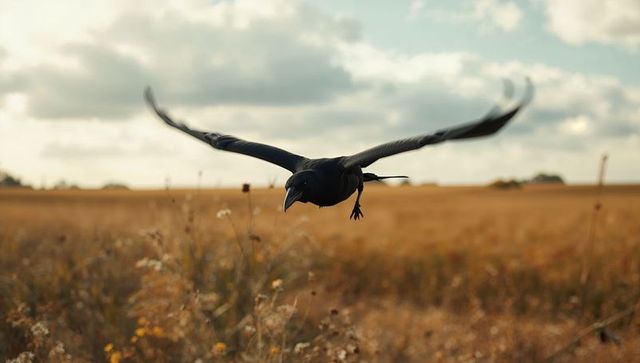 Black Crow Soaring Over Rural Meadow in Airy Landscape