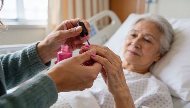 Caregiver painting senior patient nails at bedside with bright pink polish