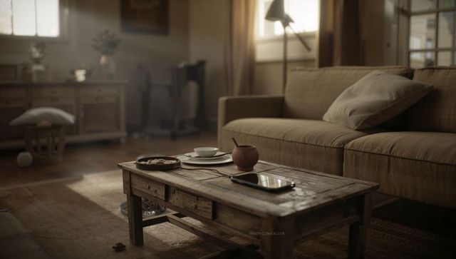 Rustic wooden coffee table featuring mate cup, phone and biscuits in cozy earthtone living room