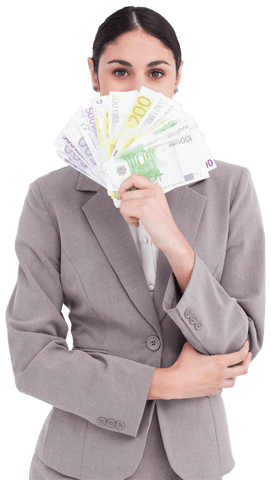 Businesswoman Holding Euro Banknotes on Transparent Background