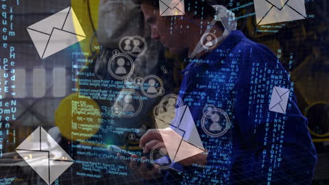 Futuristic Digital Interface With Data and Wireless Icons Overlap Businessman