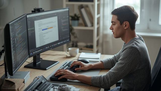 Young developer coding at dual-monitor home workspace, focused remote software professional