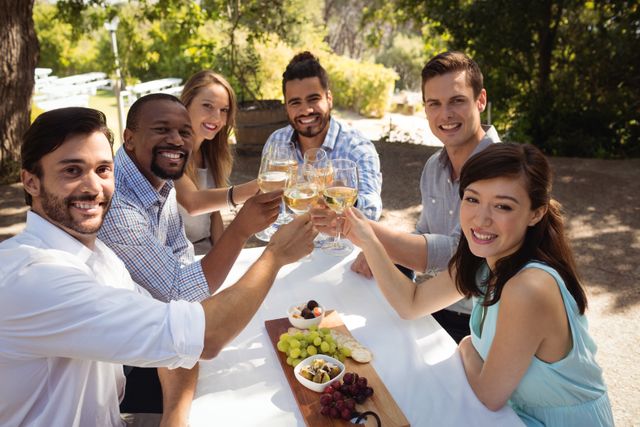Group of friends raising champagne glasses in a toast at an outdoor restaurant. They are smiling and enjoying each other's company. The table is set with a variety of appetizers, including grapes and cheese. Ideal for use in advertisements for restaurants, social events, or lifestyle blogs focusing on friendship and celebrations.