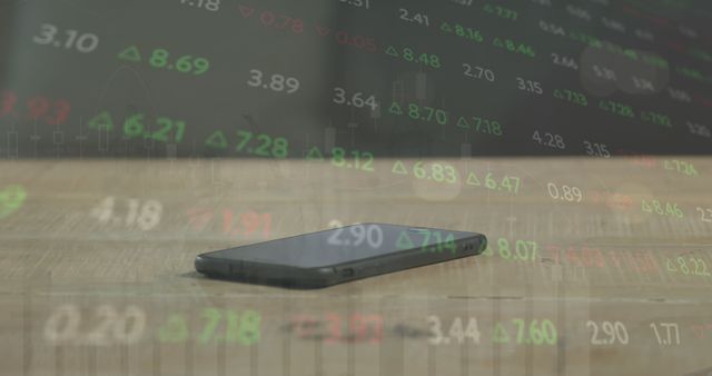 Image of stock market data processing over close up of a smartphone on wooden table. Global economy and business technology concept