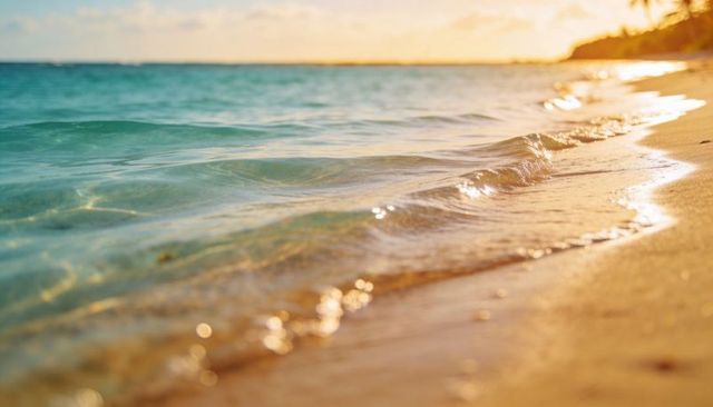 Golden hour tropical shoreline with gentle waves lapping over wet sand and reflections
