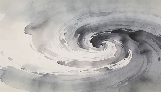 Swirling monochrome watercolor vortex emphasizing layered pigment washes and grainy paper texture