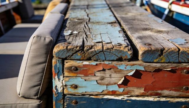 Weathered dockside bench with peeling paint, rusted screws and sunlit textured planks