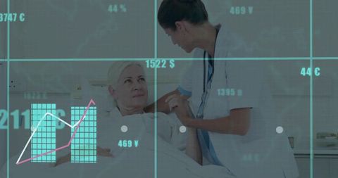 Nurse holding patient forearm while monitoring recovery with digital medical data overlay