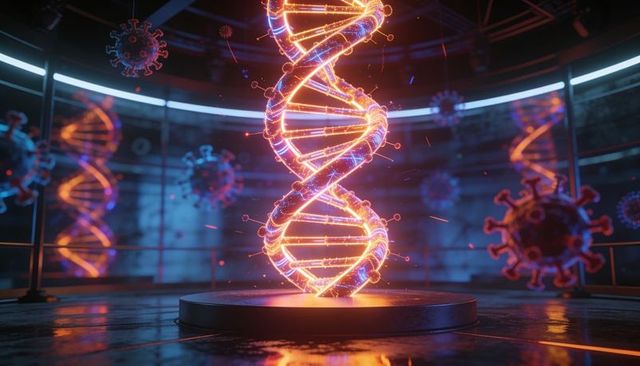 Futuristic neon dna helix emitting sparks with floating virus models in high-tech lab
