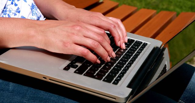 Close-up of Hands Typing on Laptop Outdoors - Download Free Stock Images Pikwizard.com