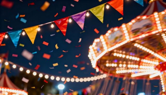 Spinning swing carousel glowing with warm bulbs and colorful confetti at night carnival