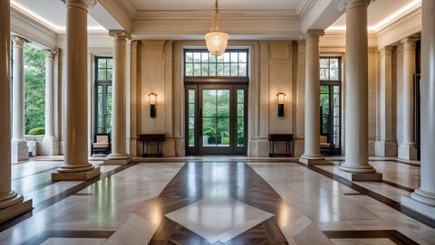 Grand foyer with double glass doors and chandeliers
