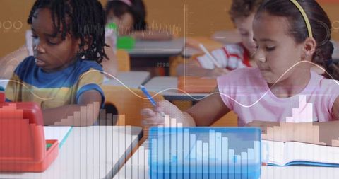 Diverse Kids Learning in Classroom With Technology Overlays