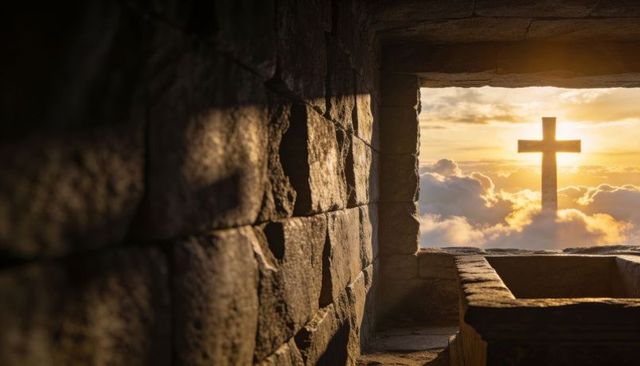Cross silhouetting beyond stone chamber window, altar bathing in golden light