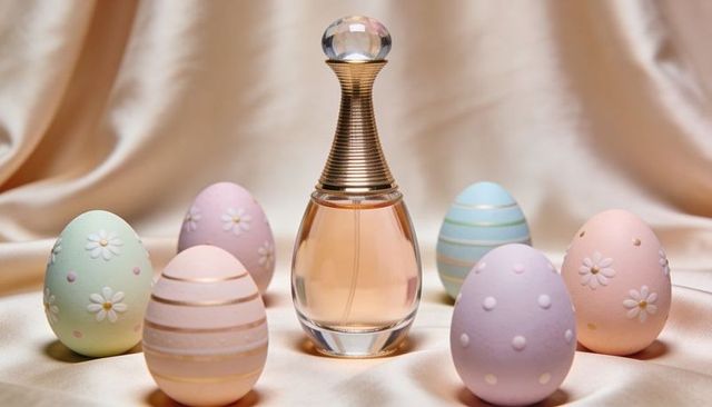 Teardrop perfume flacon on champagne satin with pastel easter eggs, luxury still life