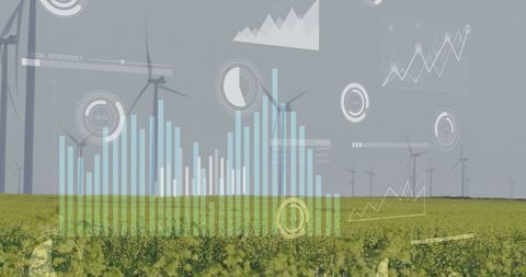 Data Overlay on Field of Wind Turbines Symbolizing Eco-Business - Download Free Stock Images Pikwizard.com