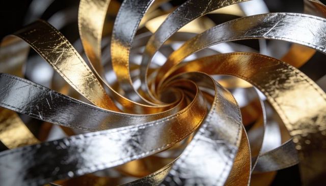 Spiraling metallic ribbons forming gold and silver vortex macro texture with reflections