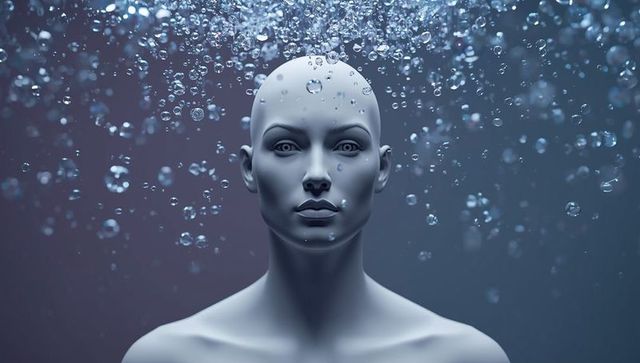 Futuristic humanoid head in digital underwater scene