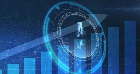 Visualizing futuristic data dashboard with holographic hud and rising bar chart trend