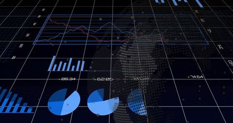 Digital analytics dashboard displaying multi-line graphs, pie charts and globe on grid