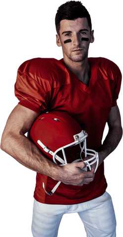 American Football Player in Red Jersey with Helmet on Transparent Background