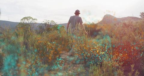 Backlit male hiker walking through chaparral trail at golden hour with teal orange bokeh