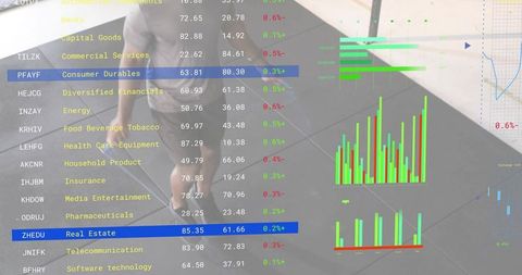 Urban pedestrian walking through atrium with financial tickers and dataviz overlay