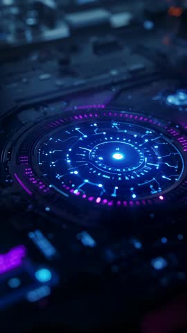 Pulsing energy disc receiving power pulse on futuristic lab console, holographic interface